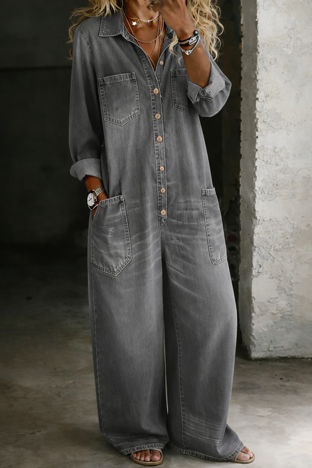 Abalou | Lässiger Denim-Jumpsuit mit Knopfleiste und weitem Bein - Image 3