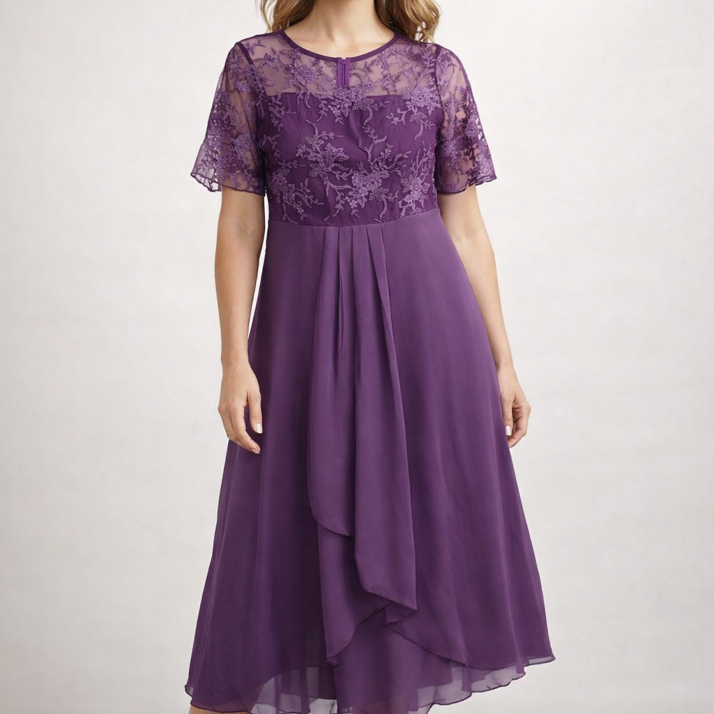 Damen Midikleid mit Spitze und Chiffon Kurzarm - Image 4