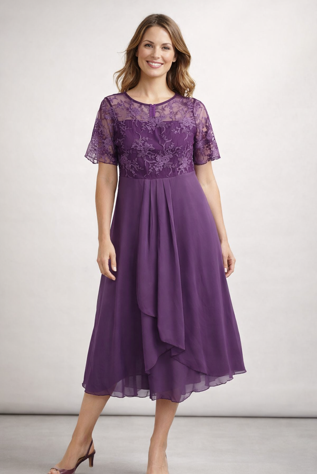Damen Midikleid mit Spitze und Chiffon Kurzarm - Image 4