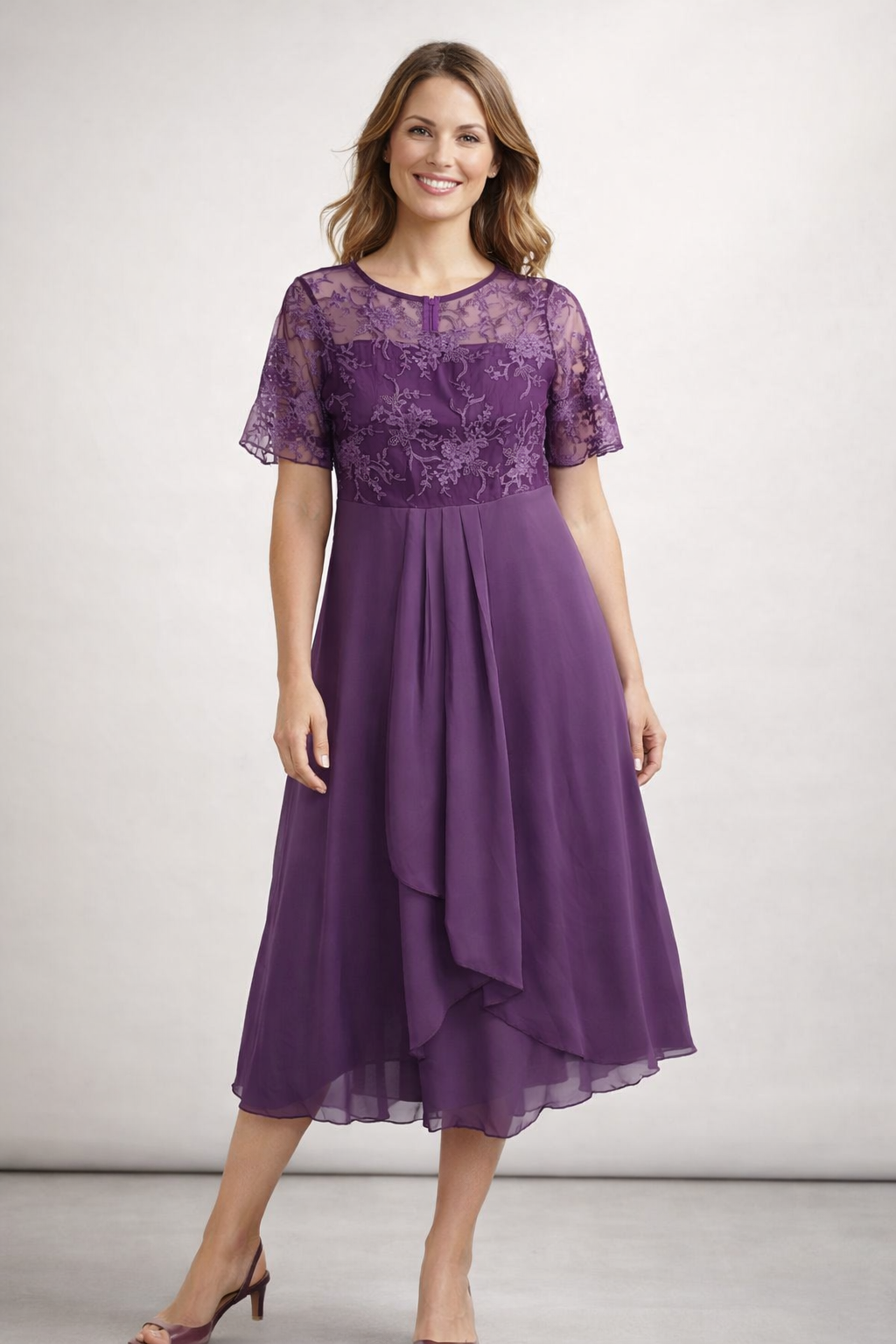 Damen Midikleid mit Spitze und Chiffon Kurzarm - Image 4