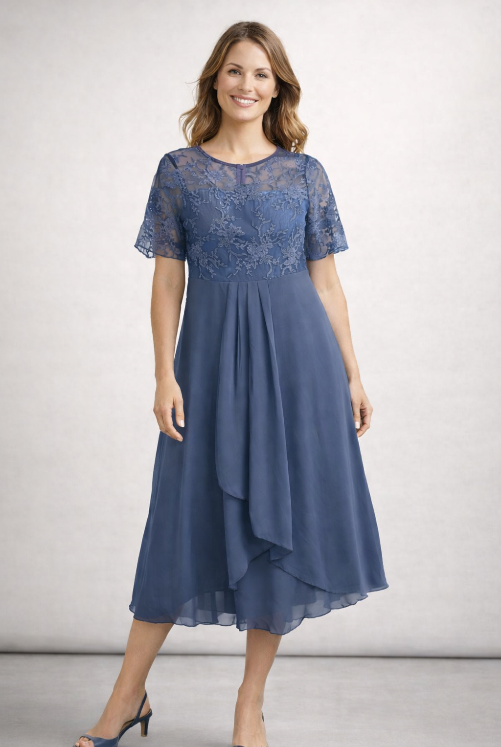 Damen Midikleid mit Spitze und Chiffon Kurzarm - Image 6