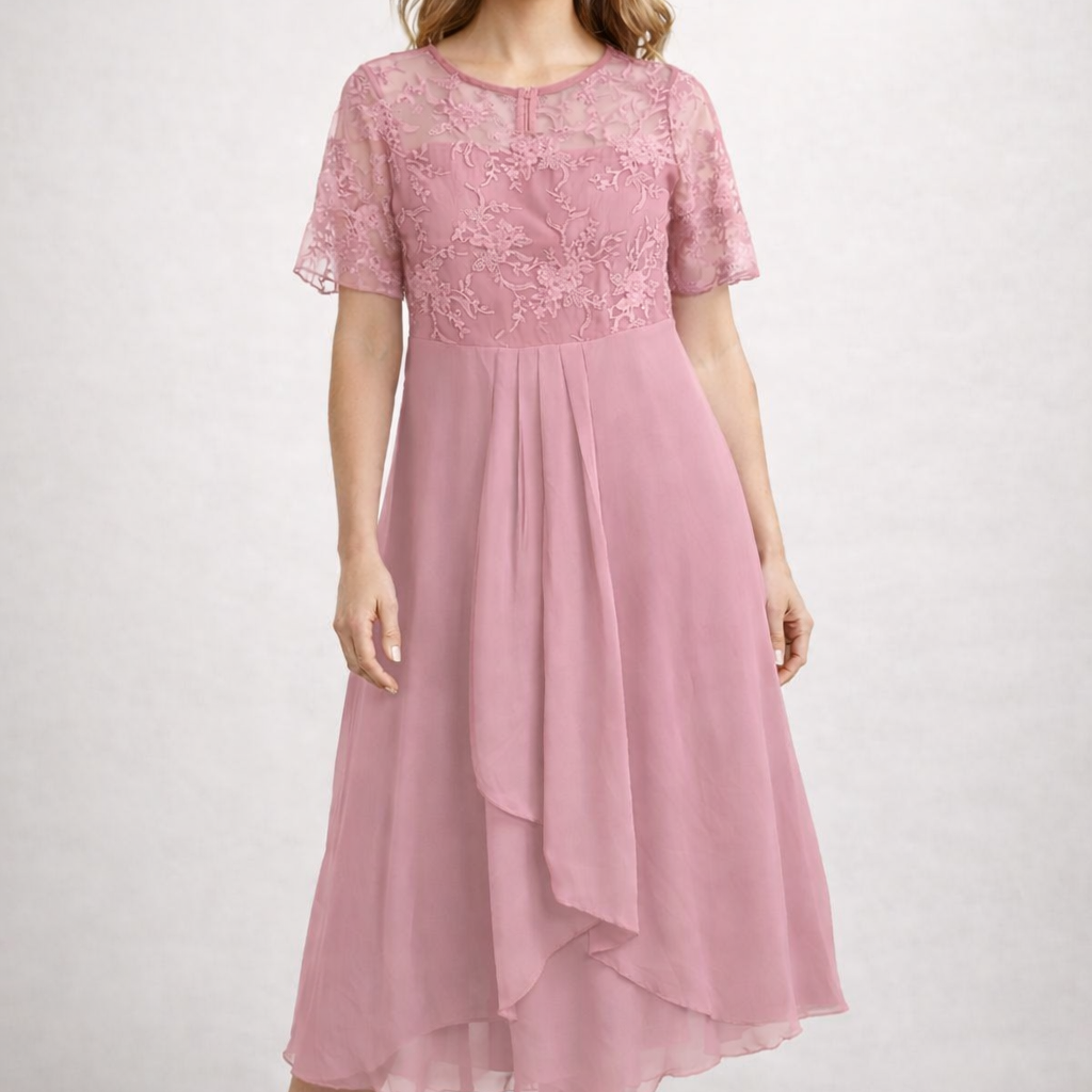 Damen Midikleid mit Spitze und Chiffon Kurzarm
