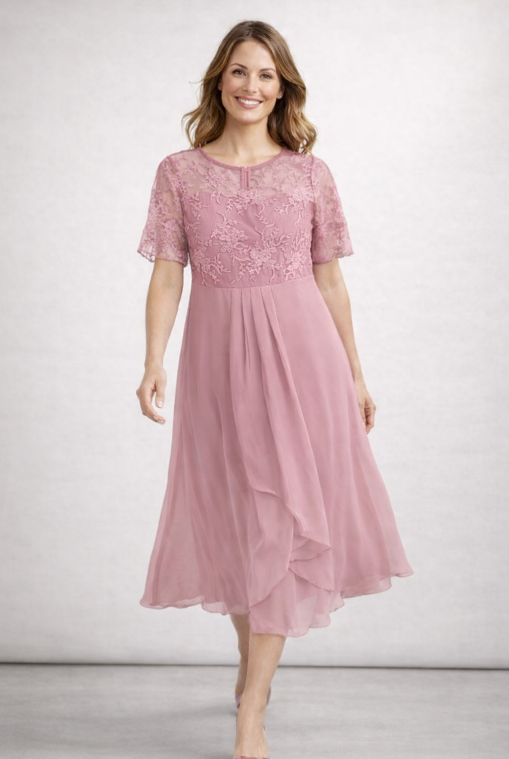 Damen Midikleid mit Spitze und Chiffon Kurzarm - Image 2