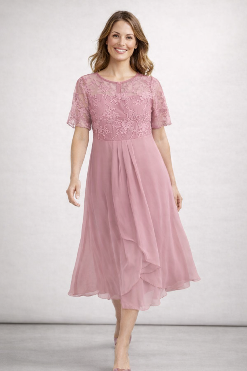Damen Midikleid mit Spitze und Chiffon Kurzarm - Image 2
