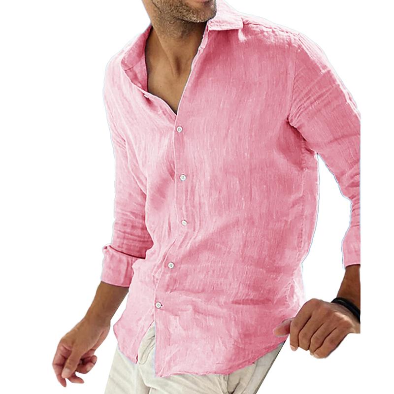 Męska Lniana Koszula Długa z Klasycznym Kołnierzykiem 13