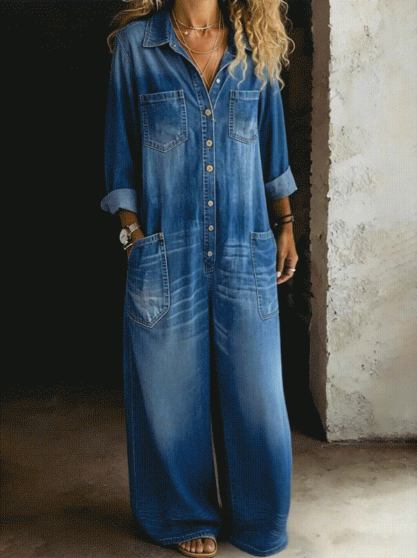 Abalou | Lässiger Denim-Jumpsuit mit Knopfleiste und weitem Bein - Image 6