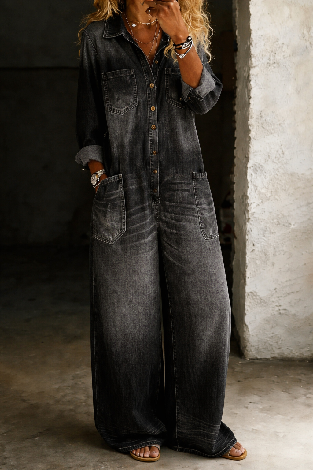 Abalou | Lässiger Denim-Jumpsuit mit Knopfleiste und weitem Bein - Image 2