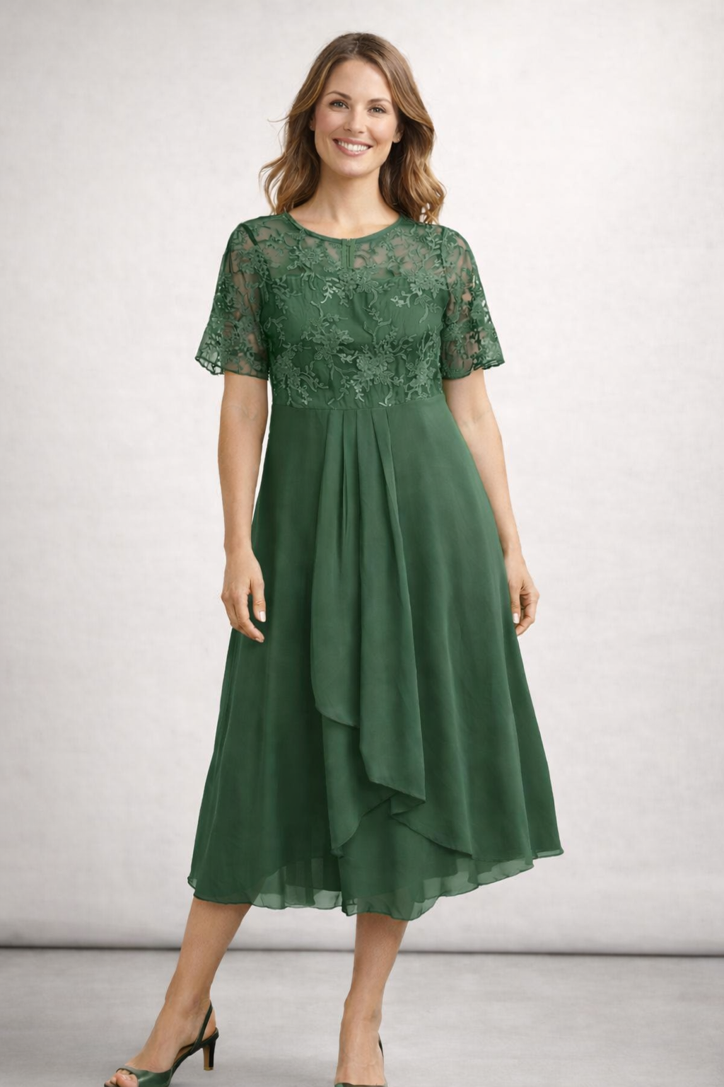 Damen Midikleid mit Spitze und Chiffon Kurzarm - Image 5