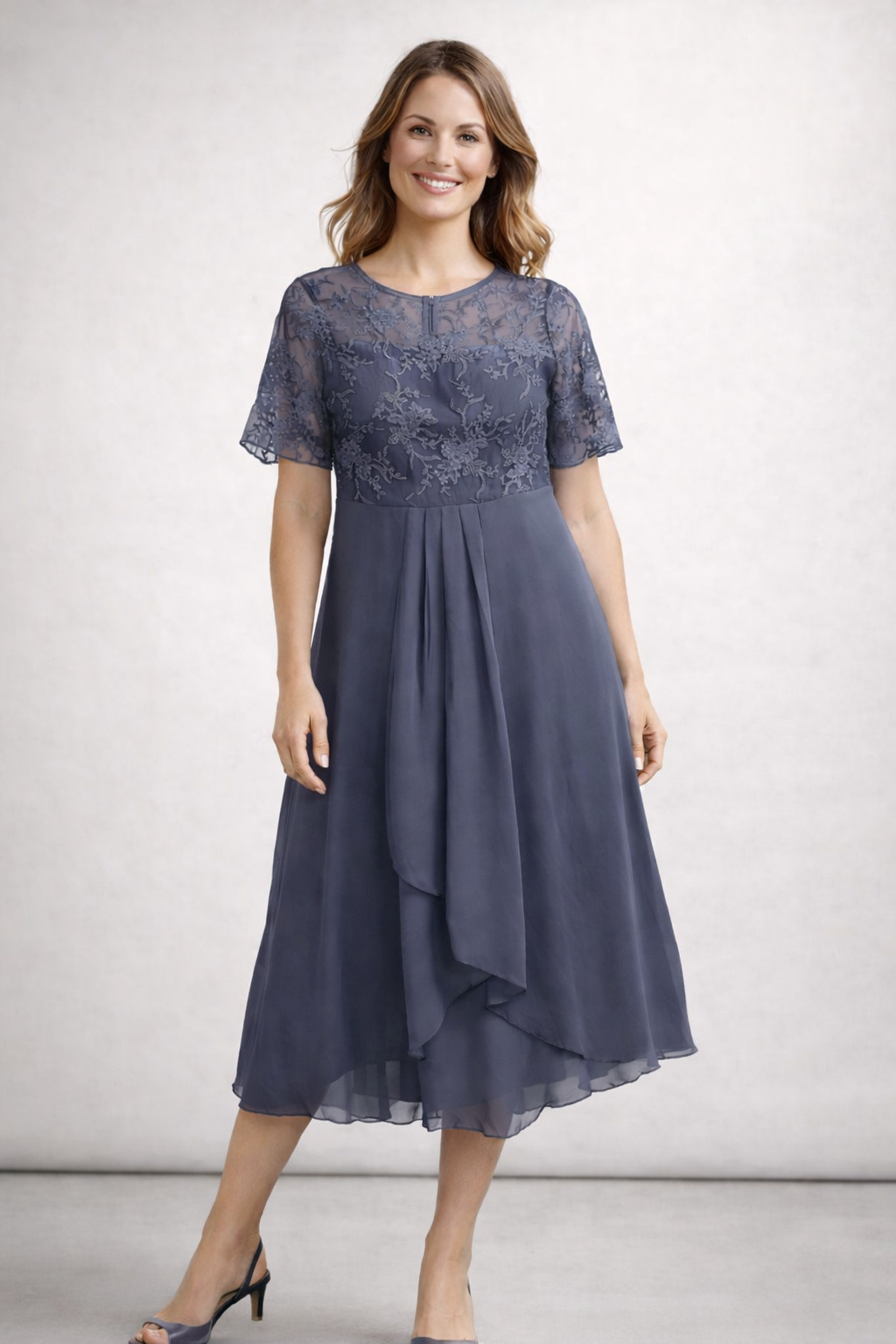 Damen Midikleid mit Spitze und Chiffon Kurzarm - Image 7