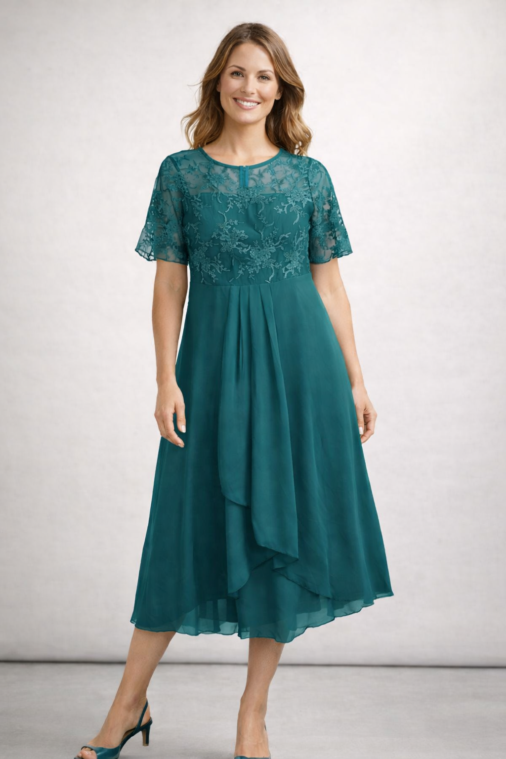 Damen Midikleid mit Spitze und Chiffon Kurzarm - Image 8