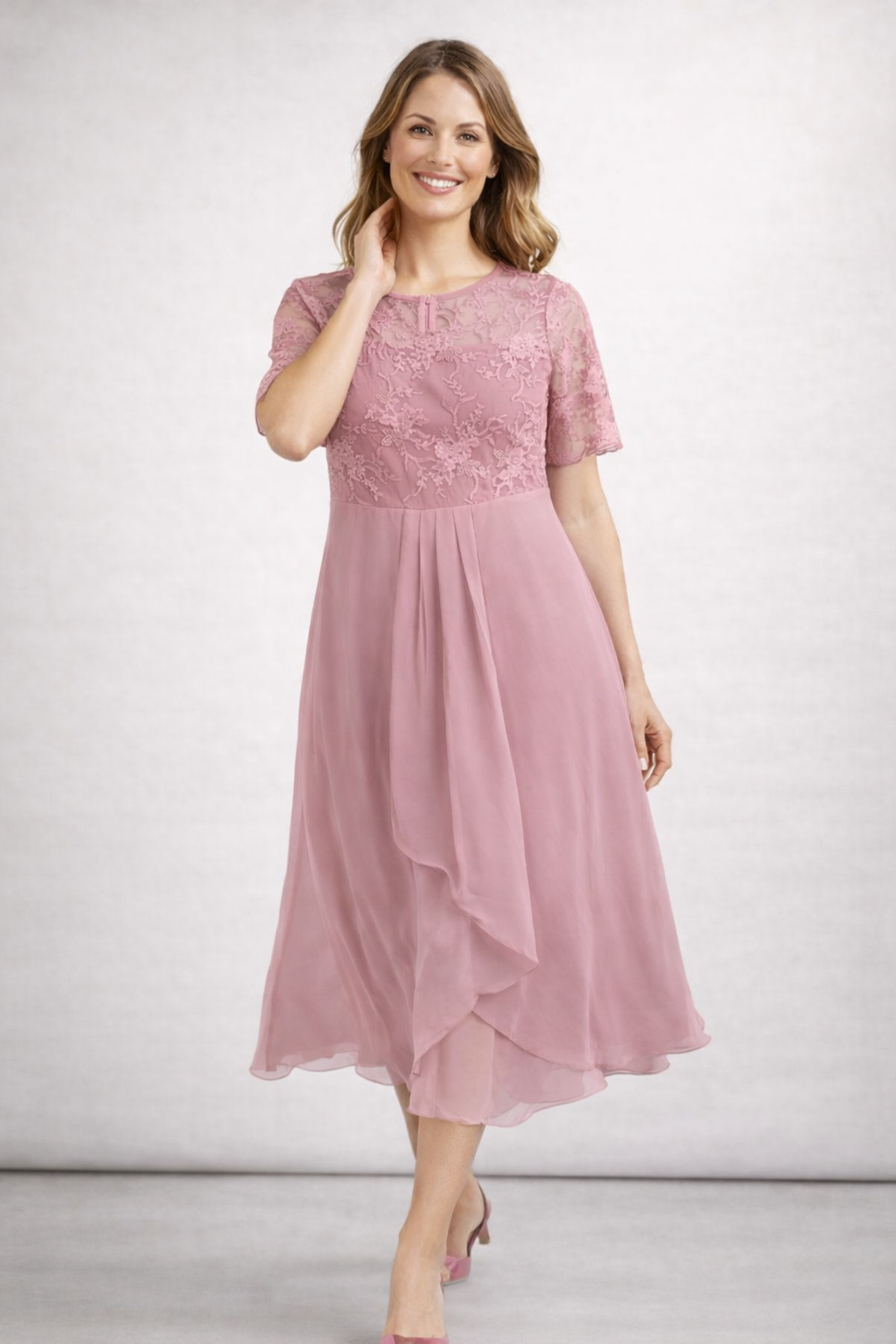 Damen Midikleid mit Spitze und Chiffon Kurzarm - Image 3