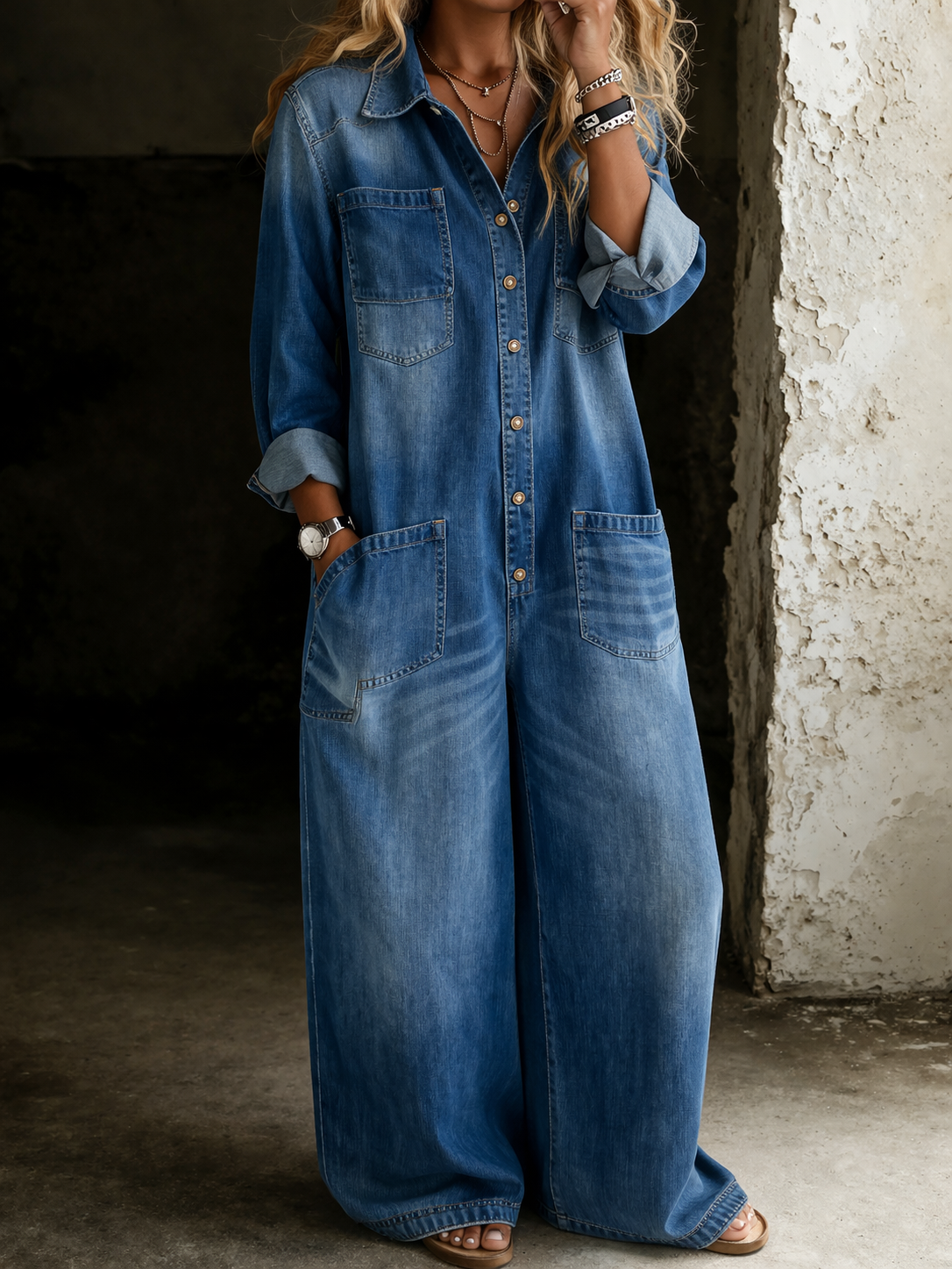 Abalou | Lässiger Denim-Jumpsuit mit Knopfleiste und weitem Bein